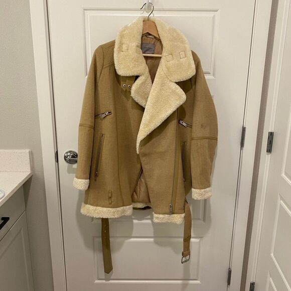 Zara Basic Wool Sherpa Blend Long Sleeve Coat.  Tan/Cream. Medium. Streetwear. - Picture 5 of 16